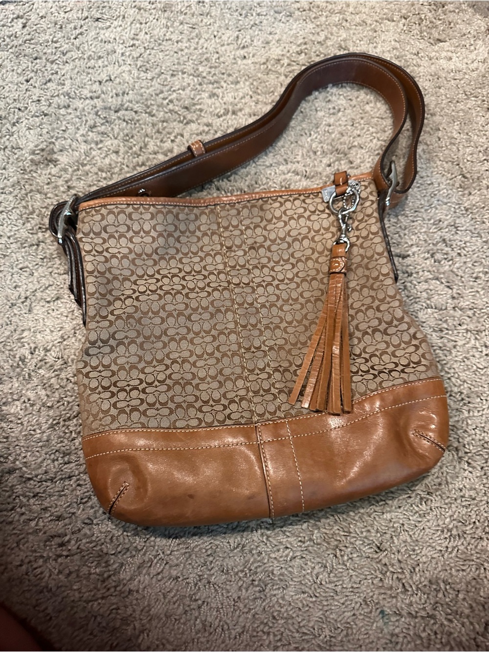 Coach Brown Signature Canvas Shoulder Bag with Leather Tassel